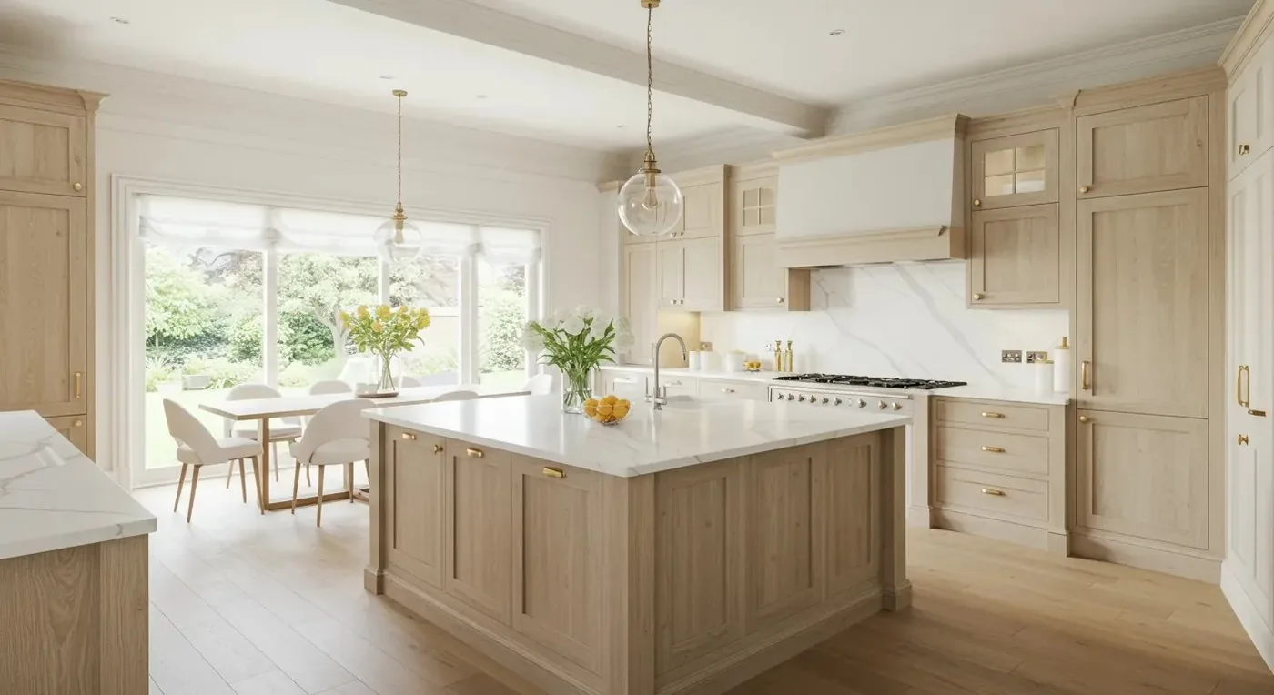 A light oak kitchen with a panelled island, brass hardware and a stone backsplash